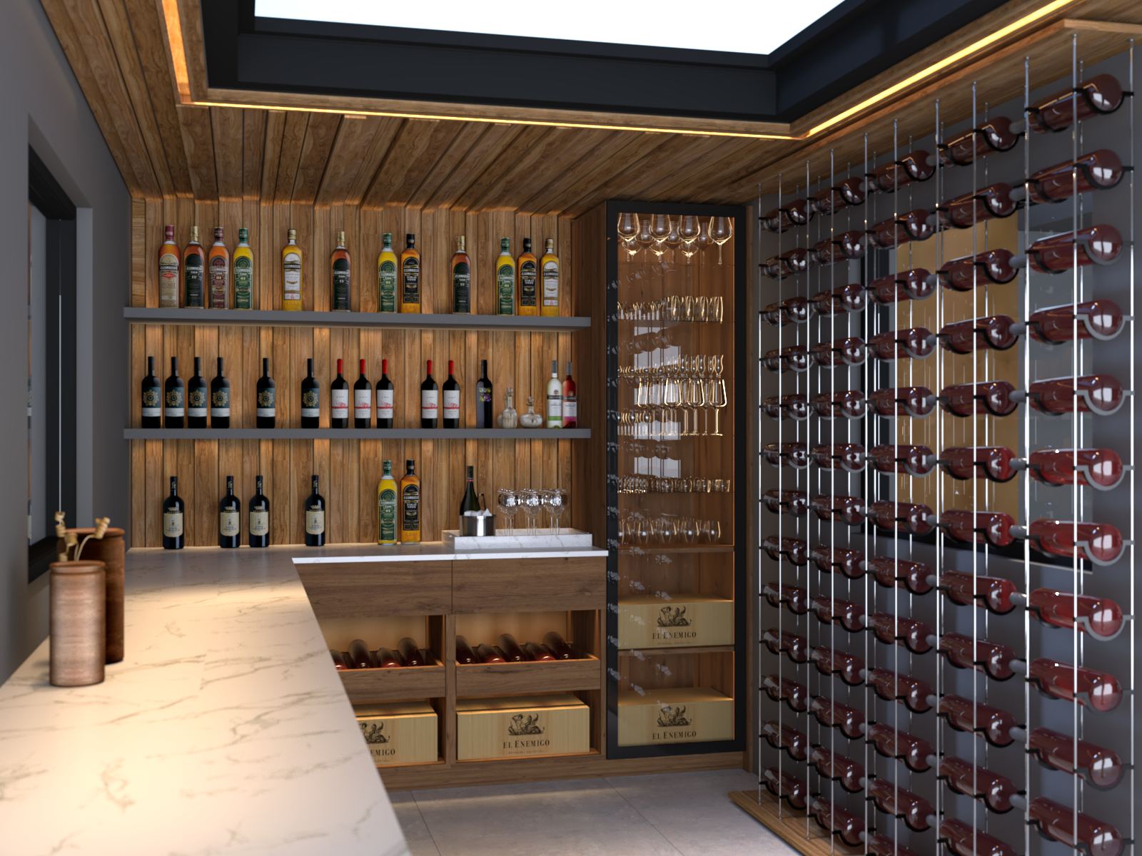 Render de una cava con estantes de madera y luz cálida