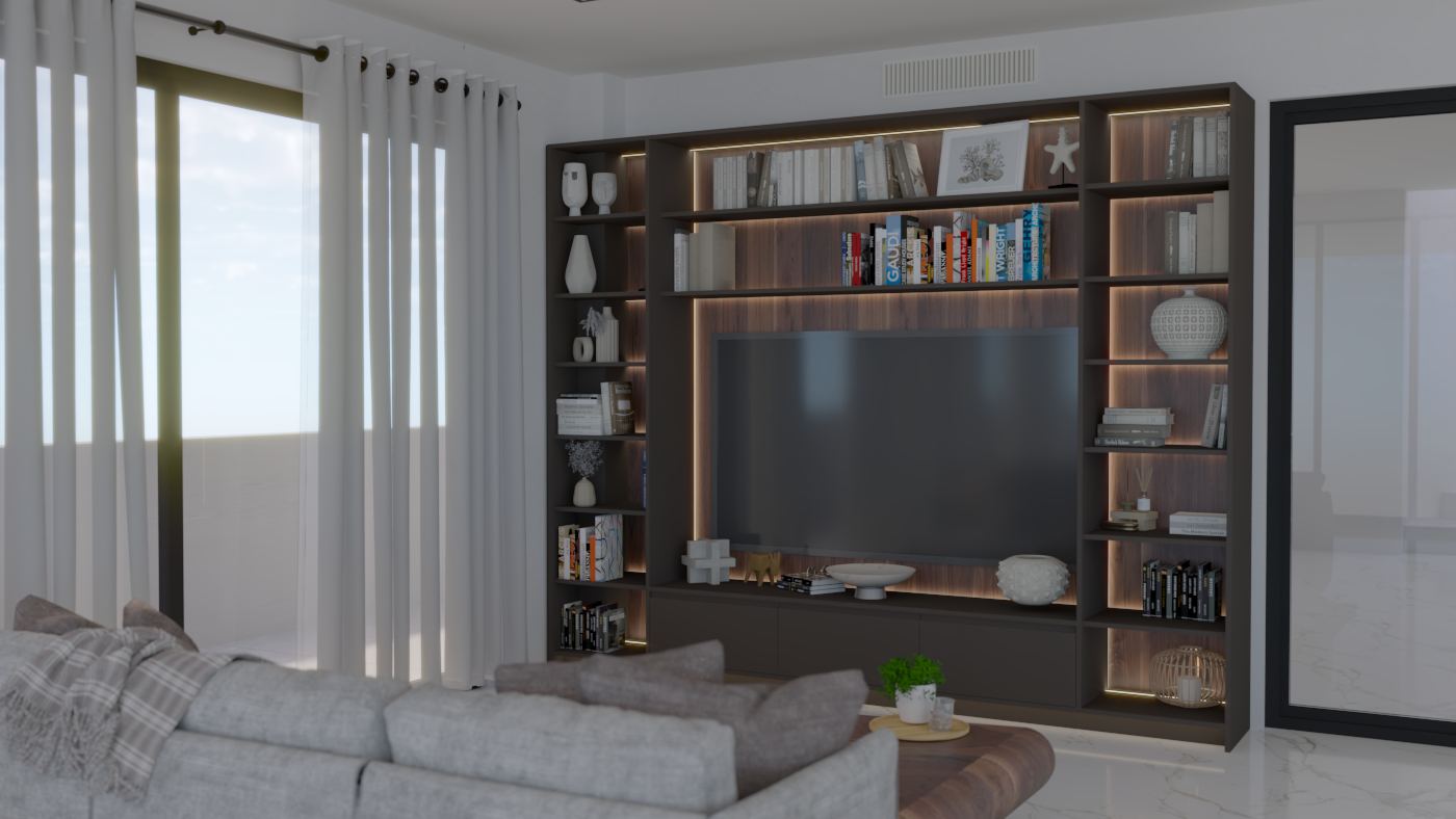 Render de un living con biblioteca y hogar