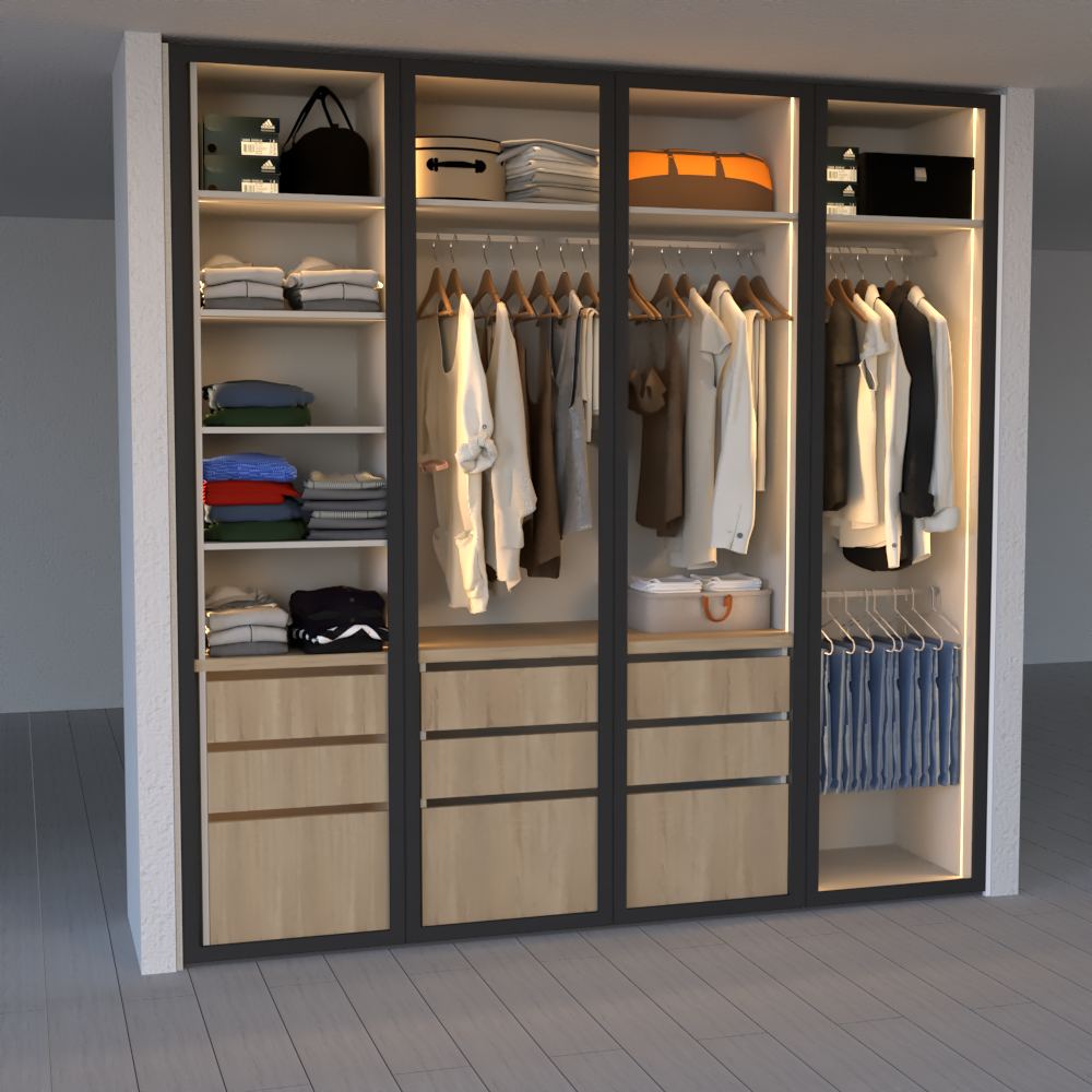 Render de un vestidor con puertas de vidrio